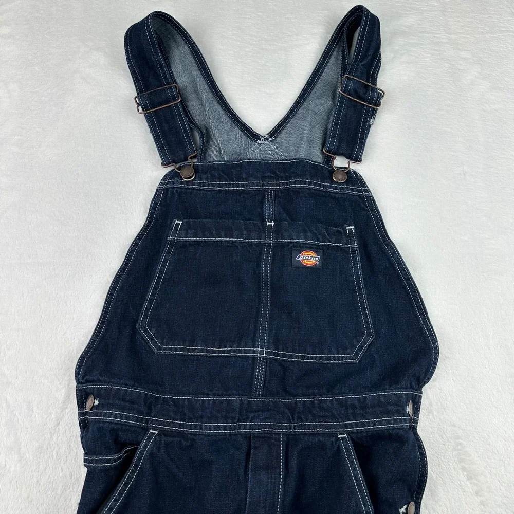 Dickies Mens Size Small Dark Wash Denim Bib Overalls Contrast Stitch Workwear